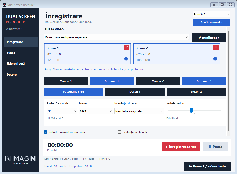 Dual Screen Recorder: două zone independente, trial de 10 minute și licențe anuale sau pe viață